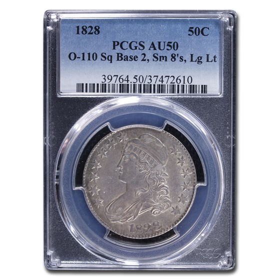 1828 Capped Bust Half Dollar AU-50 PCGS ( Sq Base 2 Sm 8, Lg Lt.) 1828 Capped Bust Half Dollar AU-50 PCGS ( Sq Base 2 Sm 8, Lg Lt.)